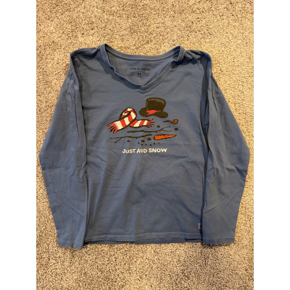 Life is Good Tee Womens M Blue Just Add Snow Crusher V-Neck Long Sleeve Graphic